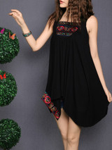 Casual Asymmetric Hem Embroidery Plain Shift Dress