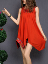 Casual Asymmetric Hem Embroidery Plain Shift Dress