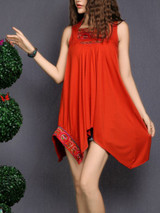 Casual Asymmetric Hem Embroidery Plain Shift Dress