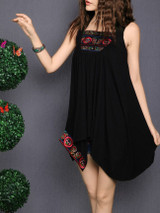Casual Asymmetric Hem Embroidery Plain Shift Dress
