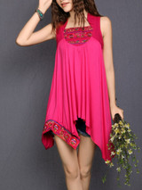 Casual Asymmetric Hem Embroidery Plain Shift Dress