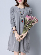 Casual Asymmetric Stripe Round Neck Pocket Shift Dress