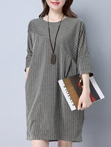 Casual Asymmetric Stripe Round Neck Pocket Shift Dress
