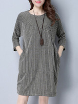 Casual Asymmetric Stripe Round Neck Pocket Shift Dress