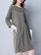 Casual Asymmetric Stripe Round Neck Pocket Shift Dress