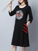 Casual Round Neck Slit Pocket Embroidery Cotton/Linen Shift Dress