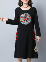 Casual Round Neck Slit Pocket Embroidery Cotton/Linen Shift Dress