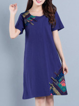 Casual Round Neck Decorative Button Printed Loose Shift Dress
