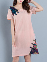 Casual Round Neck Decorative Button Printed Loose Shift Dress