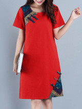 Casual Round Neck Decorative Button Printed Loose Shift Dress