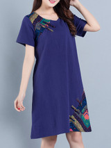 Casual Round Neck Decorative Button Printed Loose Shift Dress