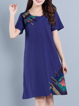 Casual Round Neck Decorative Button Printed Loose Shift Dress