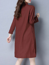 Casual Band Collar Side Slit Embroidery Plain Pocket Shift Dress