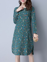 Casual Round Neck Loose Pocket Tiny Flower Printed Shift Dress Casual Round Neck Loose Pocket Tiny Flower Printed Shift Dress