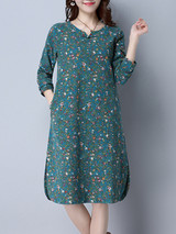 Casual Round Neck Loose Pocket Tiny Flower Printed Shift Dress Casual Round Neck Loose Pocket Tiny Flower Printed Shift Dress