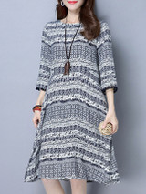 Casual Boat Neck Printed Striped Shift Dress With Pompom-Trim Sleeve