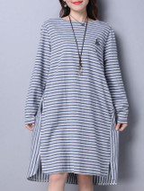 Casual Boat Neck Pocket Striped Roll-Up Sleeve Shift Dress