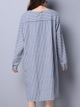 Casual Boat Neck Pocket Striped Roll-Up Sleeve Shift Dress