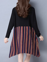 Casual Round Neck Patch Pocket Vertical Striped Shift Dress