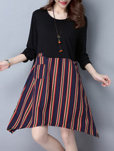Casual Round Neck Patch Pocket Vertical Striped Shift Dress