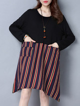Casual Round Neck Patch Pocket Vertical Striped Shift Dress