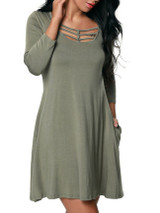 Casual Round Neck Hollow Out Plain Skater Dress