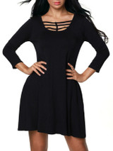 Casual Round Neck Hollow Out Plain Skater Dress