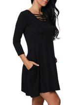 Casual Round Neck Hollow Out Plain Skater Dress