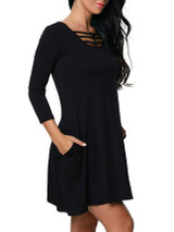 Casual Round Neck Hollow Out Plain Skater Dress