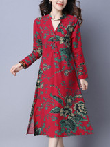 Casual V-Neck Pocket Chinoiserie Printed Shift Dress Casual V-Neck Pocket Chinoiserie Printed Shift Dress