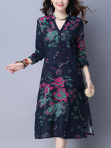 Casual V-Neck Pocket Chinoiserie Printed Shift Dress Casual V-Neck Pocket Chinoiserie Printed Shift Dress