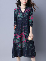 Casual V-Neck Pocket Chinoiserie Printed Shift Dress Casual V-Neck Pocket Chinoiserie Printed Shift Dress
