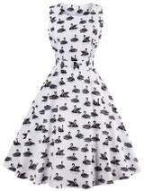 Casual Round Neck Bowknot Swan Printed Skater Dress