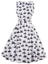 Casual Round Neck Bowknot Swan Printed Skater Dress