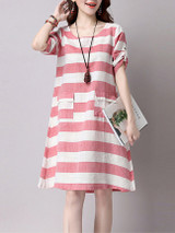 Casual Patch Pocket Striped Roll-Up Sleeve Shift Dress