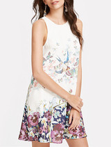 Casual Round Neck Floral Bird Butterfly Printed Shift Dress