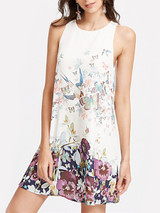 Casual Round Neck Floral Bird Butterfly Printed Shift Dress