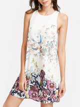 Casual Round Neck Floral Bird Butterfly Printed Shift Dress