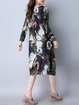 Casual Round Neck Pocket Chinoiserie Printed Sack Shift Dress Casual Round Neck Pocket Chinoiserie Printed Sack Shift Dress