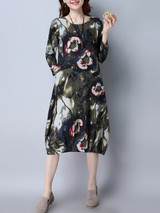 Casual Round Neck Pocket Chinoiserie Printed Sack Shift Dress Casual Round Neck Pocket Chinoiserie Printed Sack Shift Dress