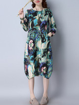 Casual Round Neck Pocket Chinoiserie Printed Sack Shift Dress Casual Round Neck Pocket Chinoiserie Printed Sack Shift Dress