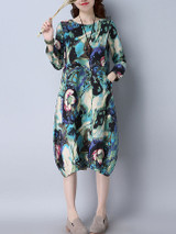 Casual Round Neck Pocket Chinoiserie Printed Sack Shift Dress Casual Round Neck Pocket Chinoiserie Printed Sack Shift Dress