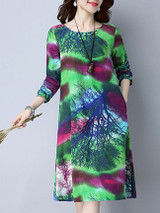 Casual Round Neck Pocket Tree Printed Shift Dress