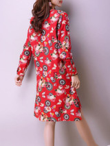 Casual Round Neck Pocket Printed Roll-Up Sleeve Shift Dress