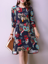 Casual Round Neck Pocket Floral Printed High-Low Shift Dress