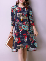 Casual Round Neck Pocket Floral Printed High-Low Shift Dress