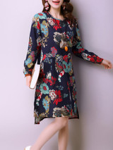 Casual Round Neck Pocket Floral Printed High-Low Shift Dress