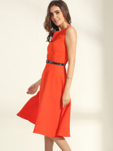 Casual Boat Neck Belt Plain Skater Dress