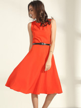 Casual Boat Neck Belt Plain Skater Dress
