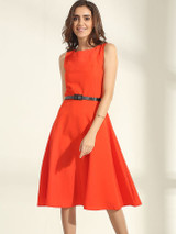 Casual Boat Neck Belt Plain Skater Dress